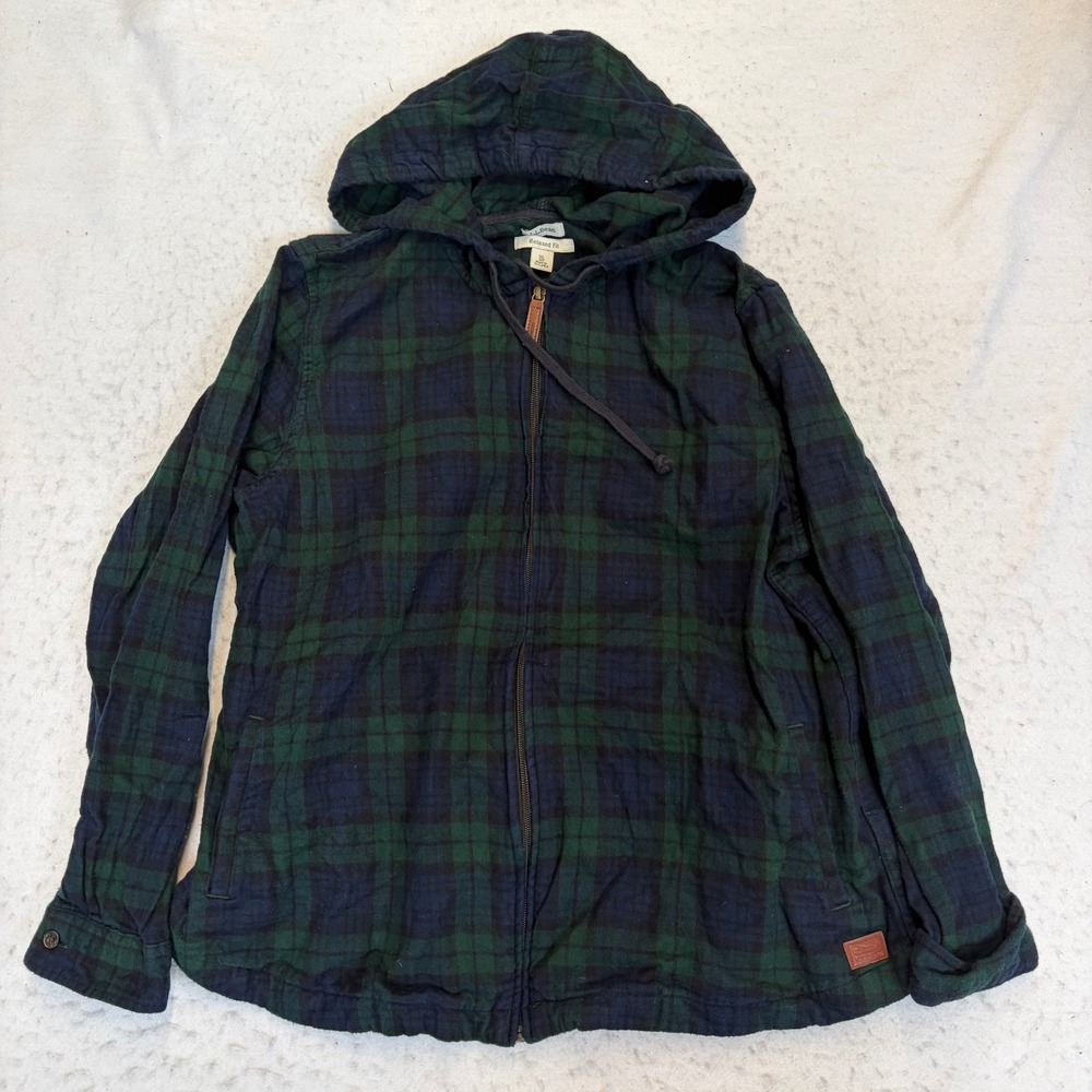 LL Bean Flannel Hoodie Womens XL Green Blue Black Watch Plaid Full Zip Relaxed